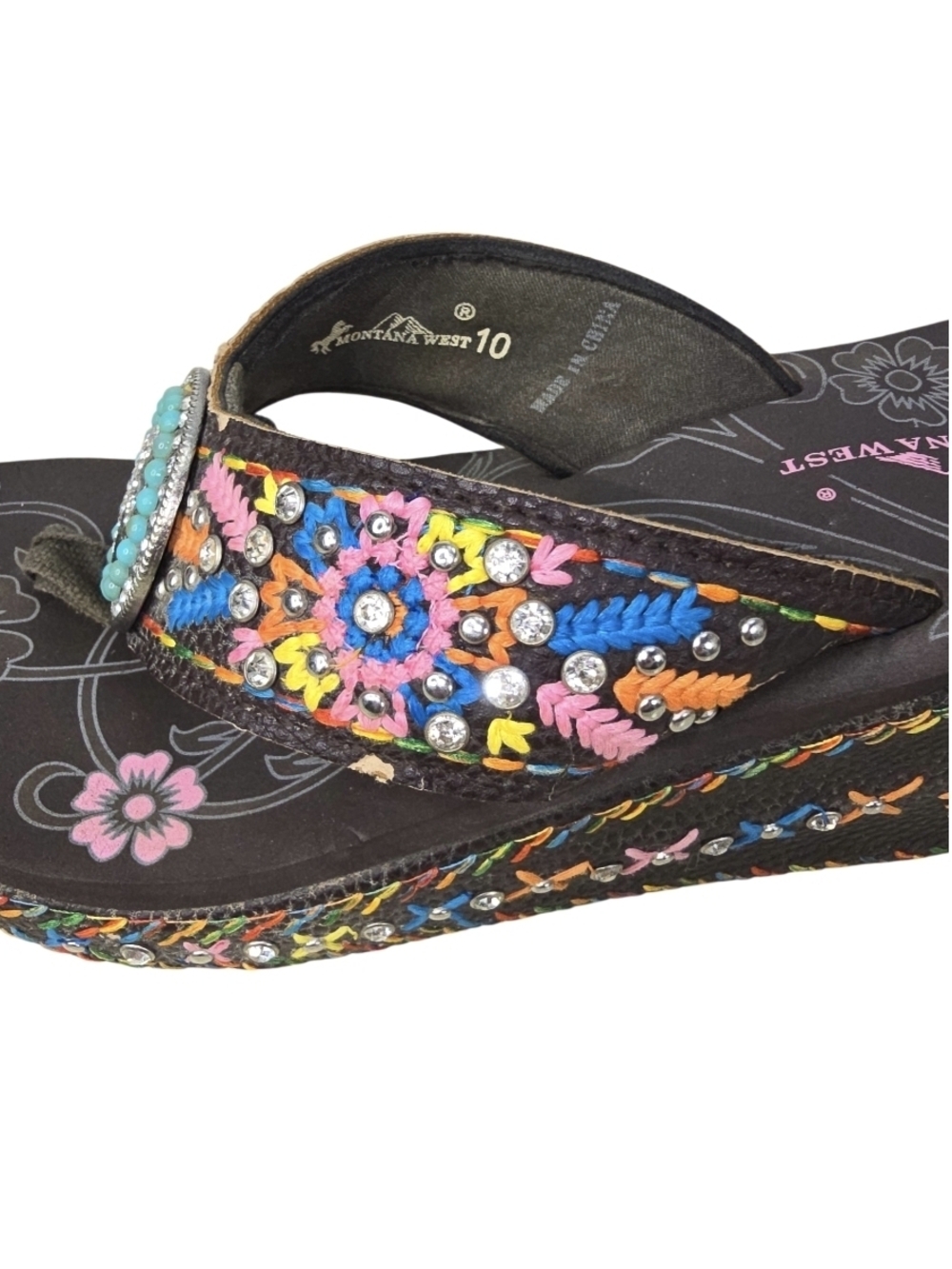 MontanaWest Embroidered Ringstones Wedge Platform Flip Flop Sandals 10 Western - Picture 9 of 12